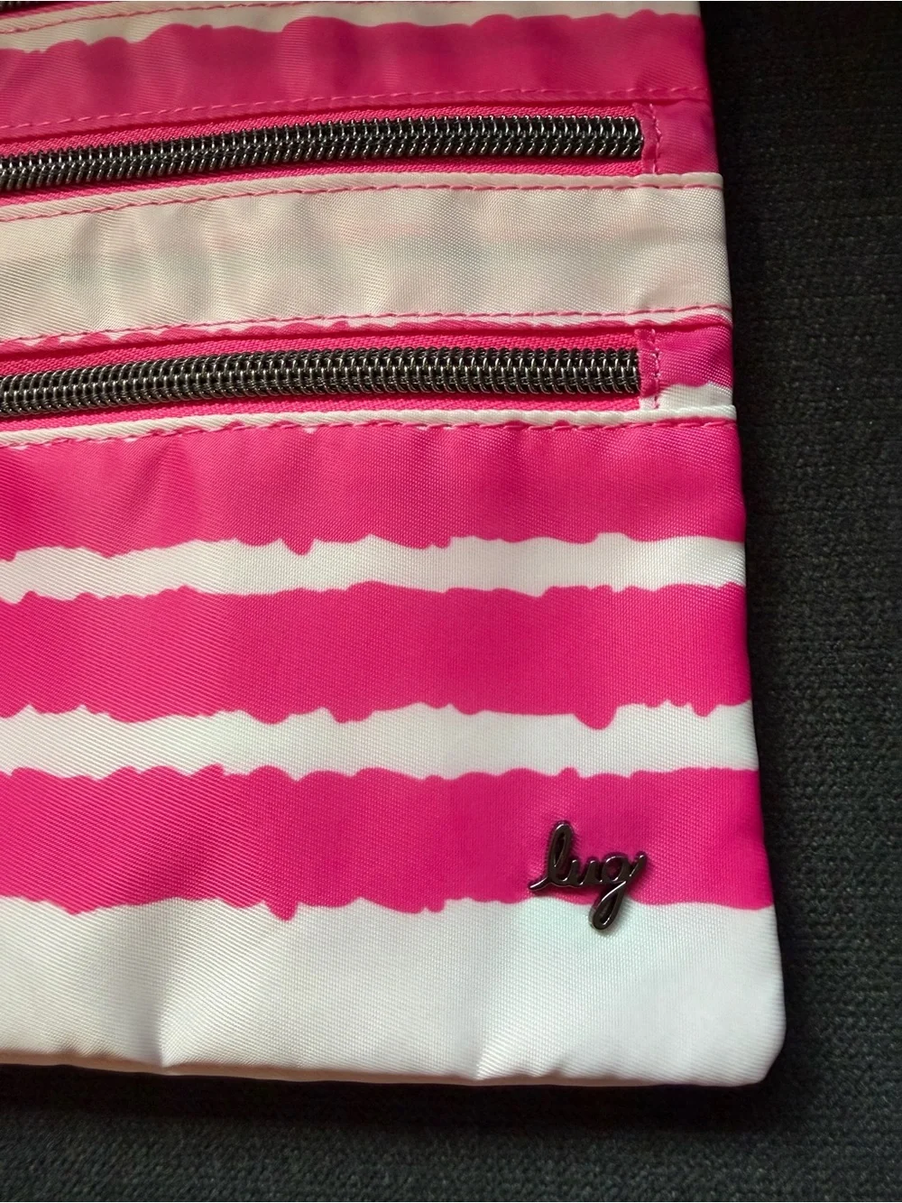 Lug Kickline Triple Zip Storage Pouch Cosmetic Bag Magenta Stripe Hot Neon Pink
